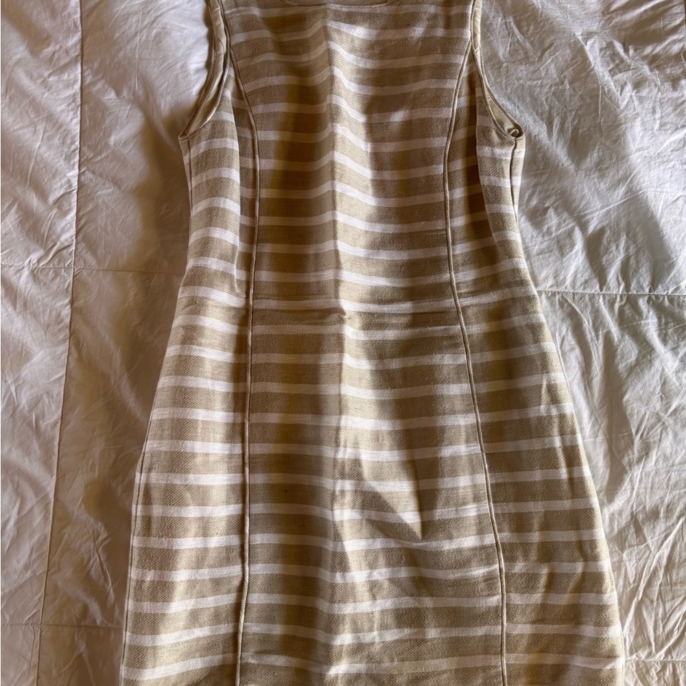 Sleeveless Striped Beige & White Linen Shift Dress